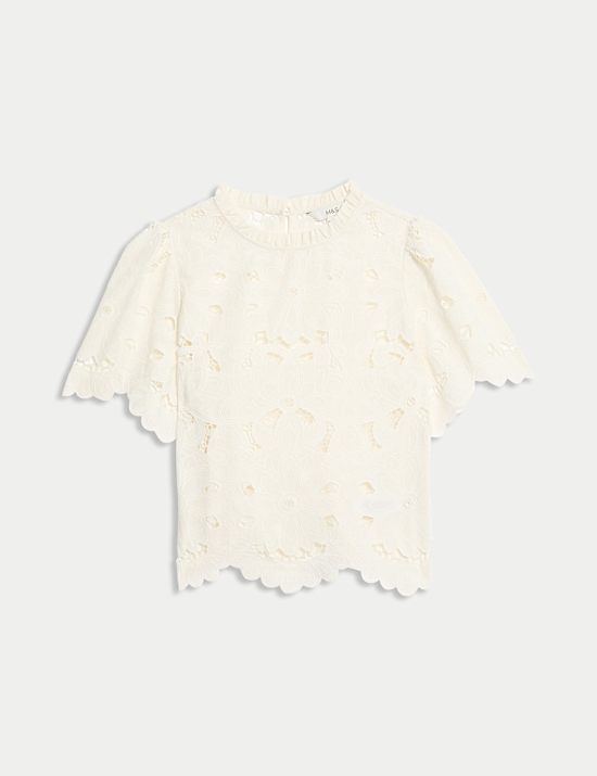 High Neck Cutwork Puff Sleeve Top