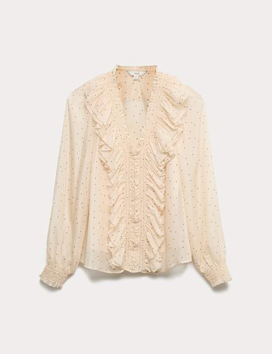 Oberteil mit Punktmuster, V-Ausschnitt und Rüschendetail