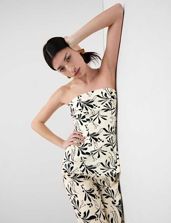 Linen Blend Printed Bandeau Top