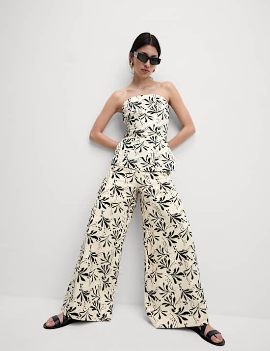 Linen Blend Printed Bandeau Top