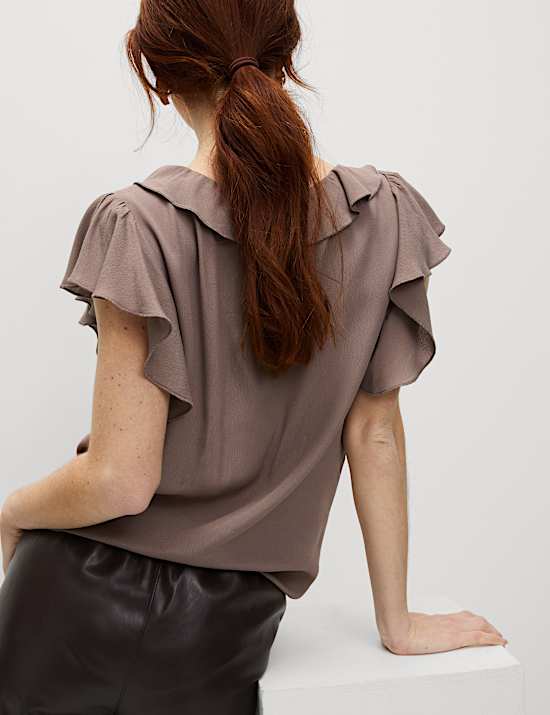 V-Neck Frill Detail Cap Sleeve Top
