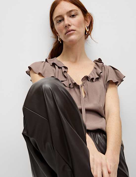 V-Neck Frill Detail Cap Sleeve Top