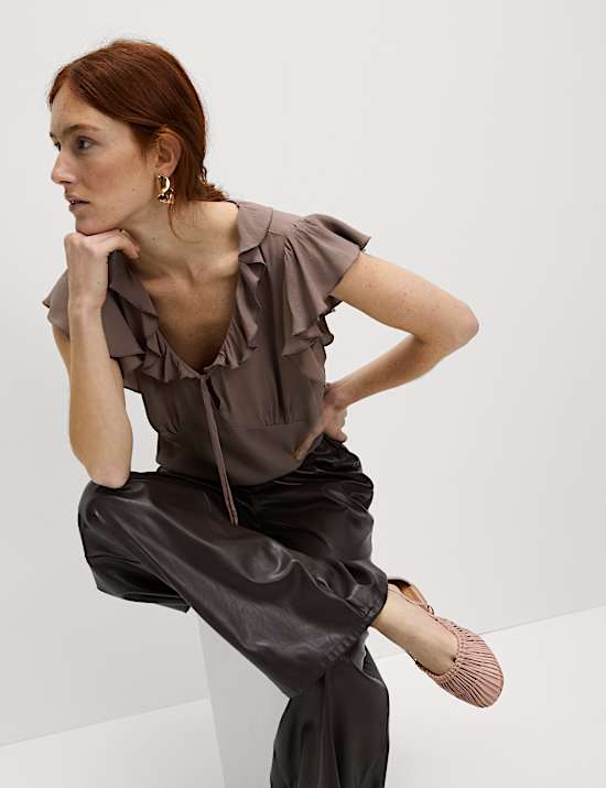 V-Neck Frill Detail Cap Sleeve Top