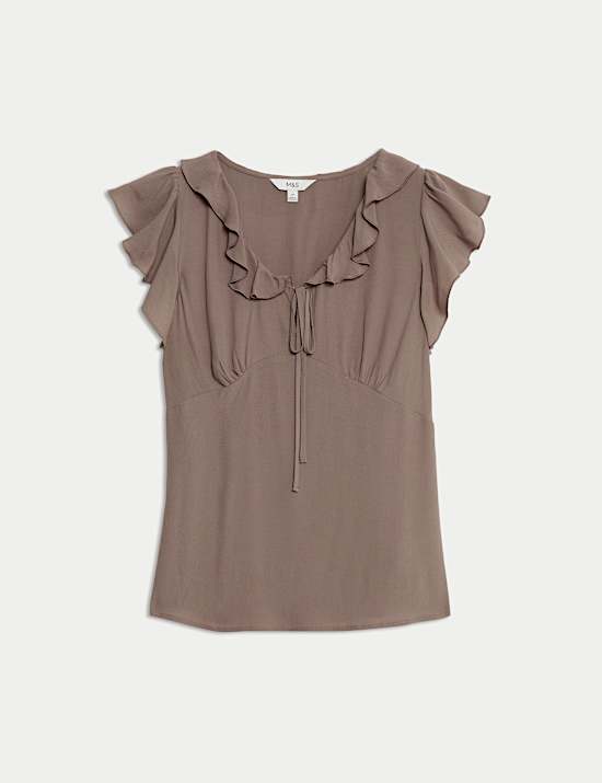 V-Neck Frill Detail Cap Sleeve Top