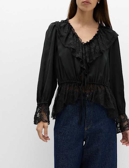 Satin Lace V Neck Ruffle Blouse
