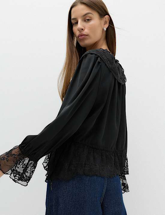 Satin Lace V Neck Ruffle Blouse