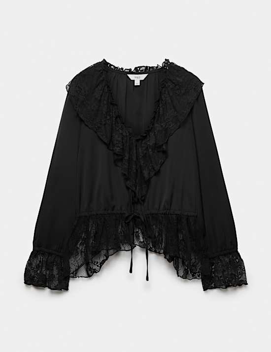 Satin Lace V Neck Ruffle Blouse