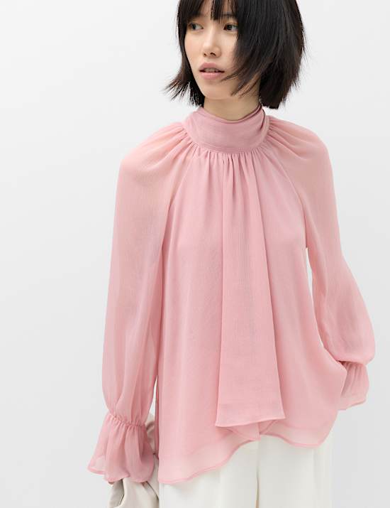 Draped Tie Neck Longline Blouse