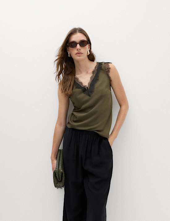 Satin V-Neck Lace Insert Cami Top