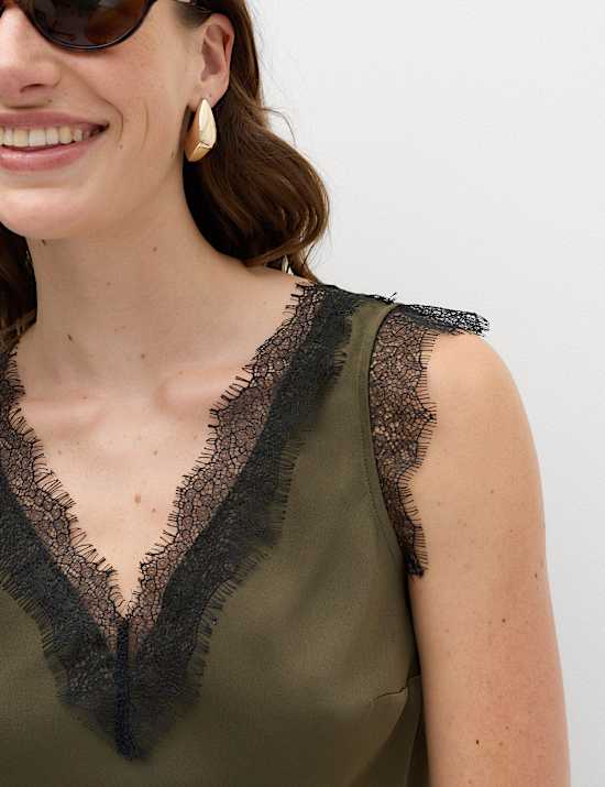 Satin V-Neck Lace Insert Cami Top