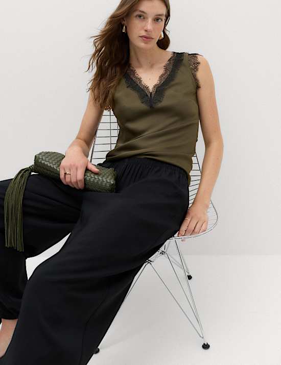 Satin V-Neck Lace Insert Cami Top