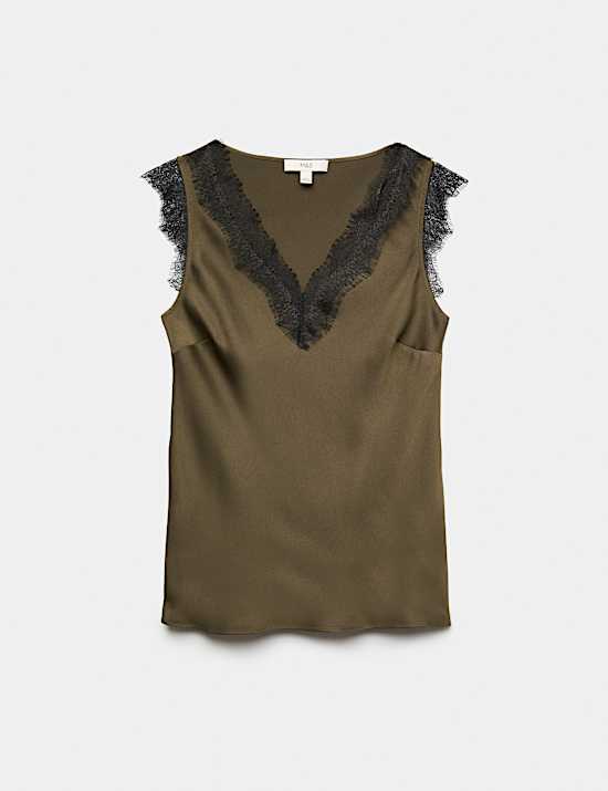 Satin V-Neck Lace Insert Cami Top
