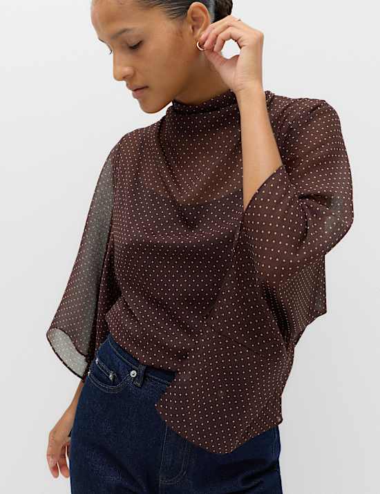 Polka Dot Cowl Neck Draped Cape Blouse
