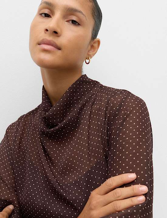 Polka Dot Cowl Neck Draped Cape Blouse