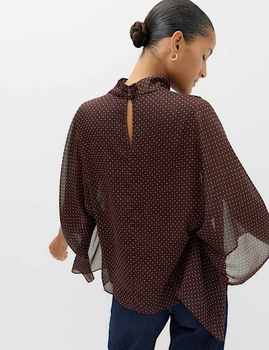 Polka Dot Cowl Neck Draped Cape Blouse
