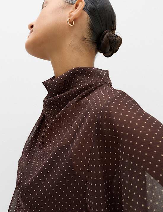 Polka Dot Cowl Neck Draped Cape Blouse