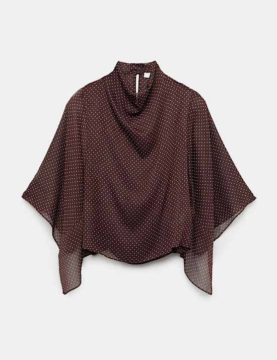 Polka Dot Cowl Neck Draped Cape Blouse