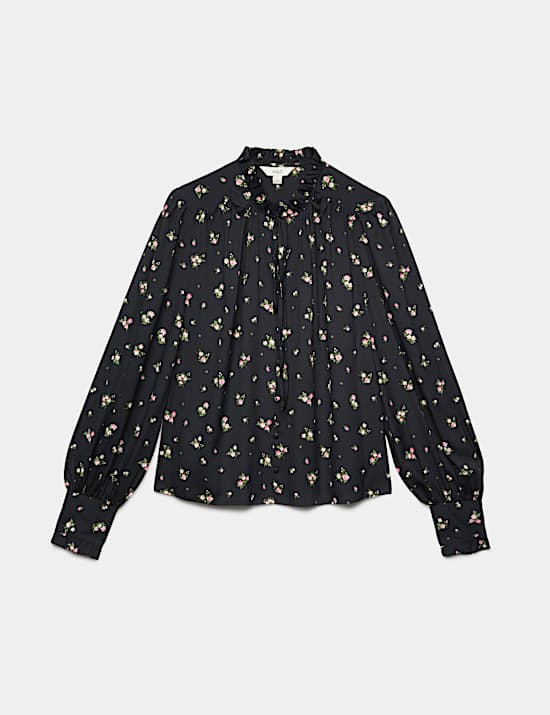 Blusa abotonada floral con cuello con lazo