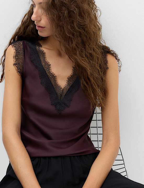 Satin V-Neck Lace Insert Cami Top