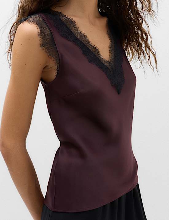 Satin V-Neck Lace Insert Cami Top