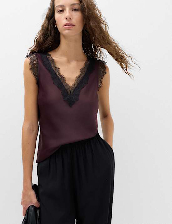 Satin V-Neck Lace Insert Cami Top