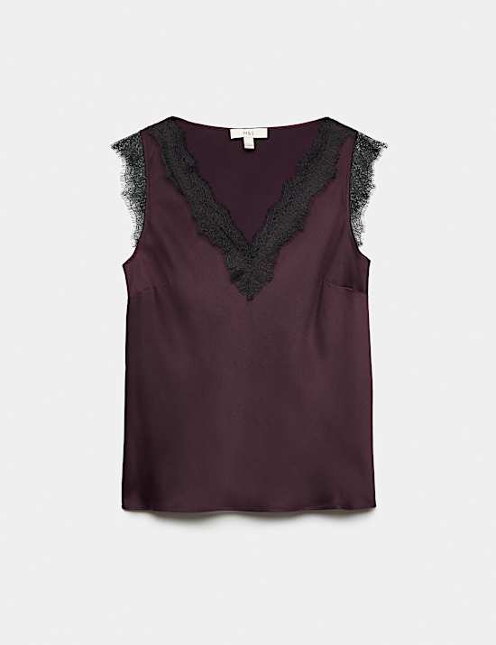 Satin V-Neck Lace Insert Cami Top