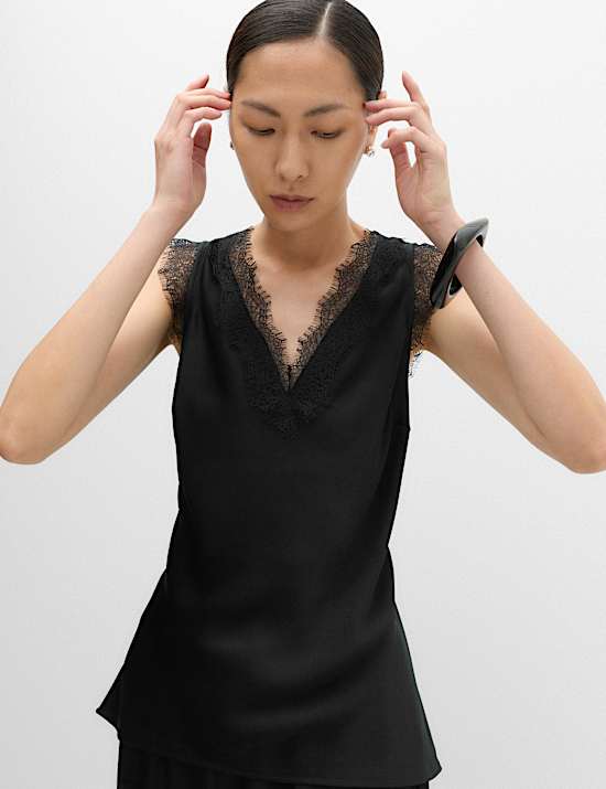 Satin V-Neck Lace Insert Cami Top