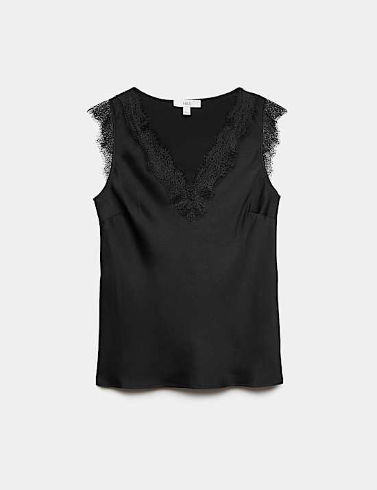 Satin V-Neck Lace Insert Cami Top