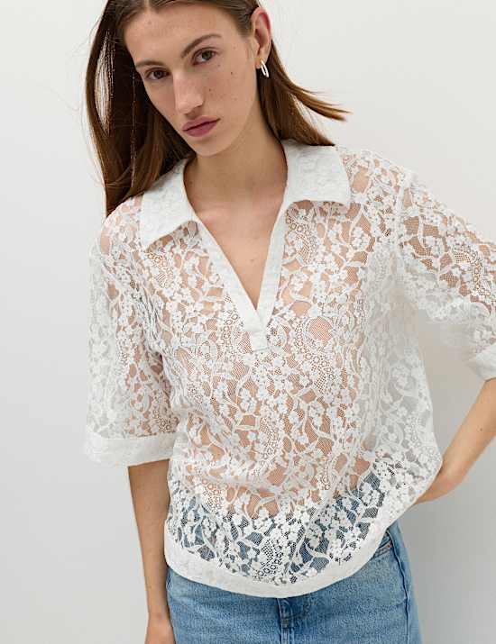 Cotton Blend Lace Collared Top