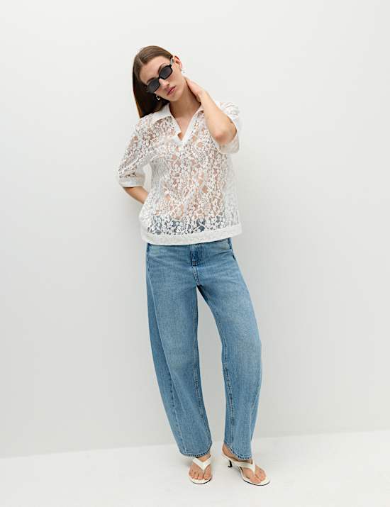 Cotton Blend Lace Collared Top
