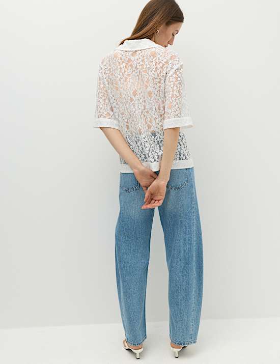 Cotton Blend Lace Collared Top