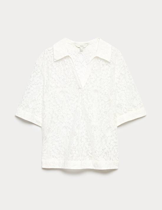 Cotton Blend Lace Collared Top