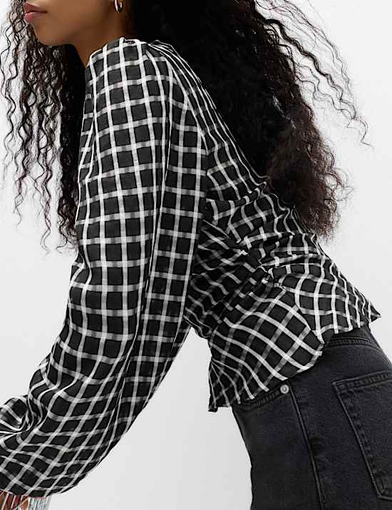 Checked Gathered Waisted Blouson Sleeve Blouse