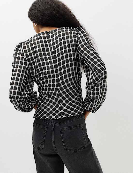 Checked Gathered Waisted Blouson Sleeve Blouse