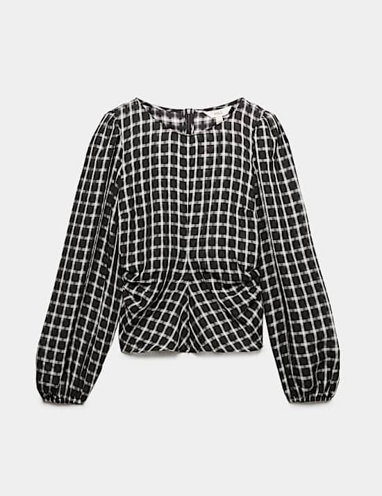 Checked Gathered Waisted Blouson Sleeve Blouse