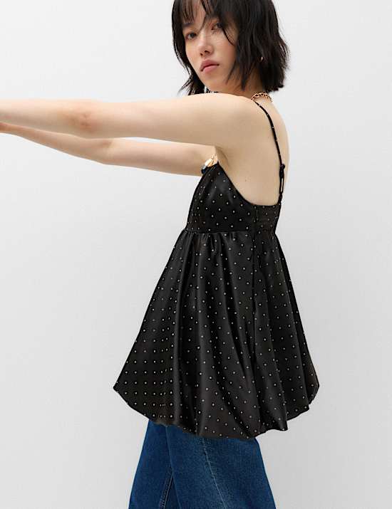 Satin Polka Dot Asymmetric Bubble Hem Cami Top