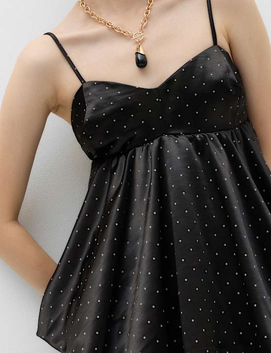 Satin Polka Dot Asymmetric Bubble Hem Cami Top