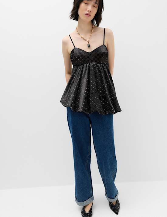 Satin Polka Dot Asymmetric Bubble Hem Cami Top