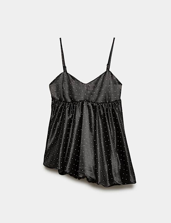 Satin Polka Dot Asymmetric Bubble Hem Cami Top