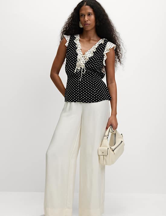 Polka Dot V-Neck Tie Front Top