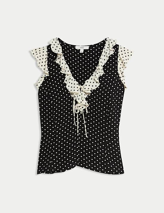 Polka Dot V-Neck Tie Front Top