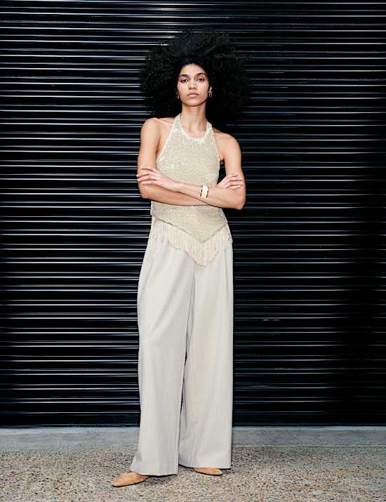 Sequin Fringe Detail Halter Neck Crop Top