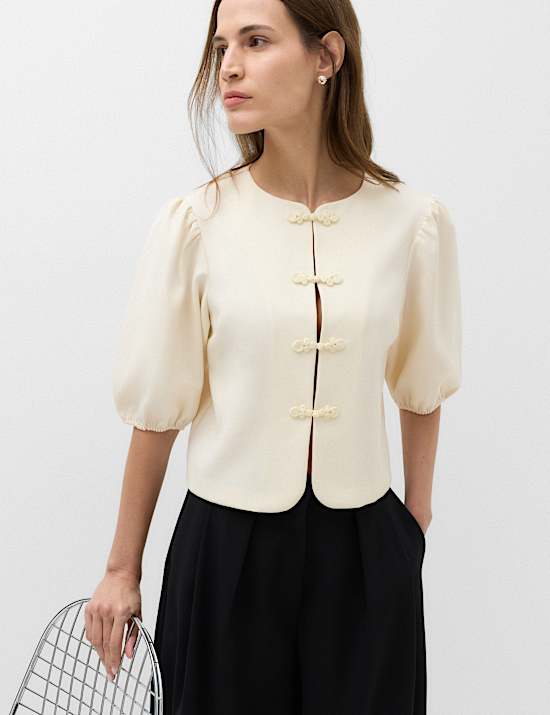 Knot Button Detail Puff Sleeve Top