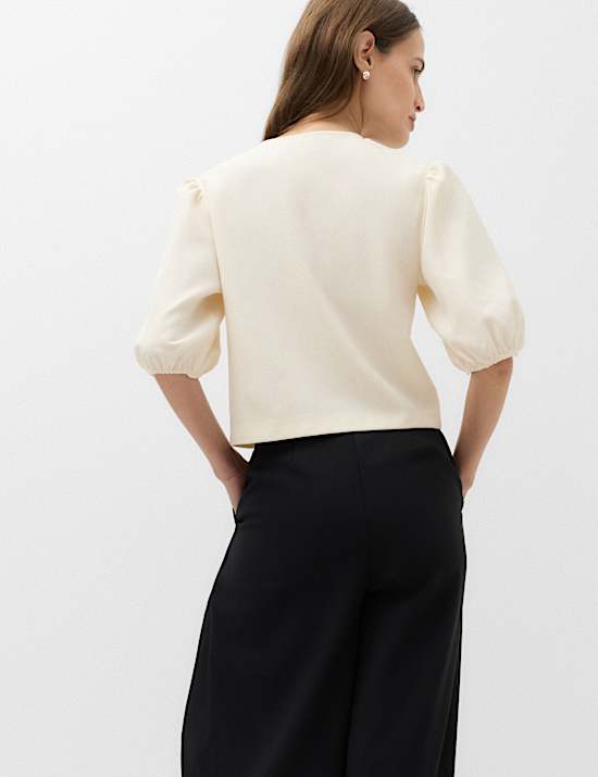 Knot Button Detail Puff Sleeve Top