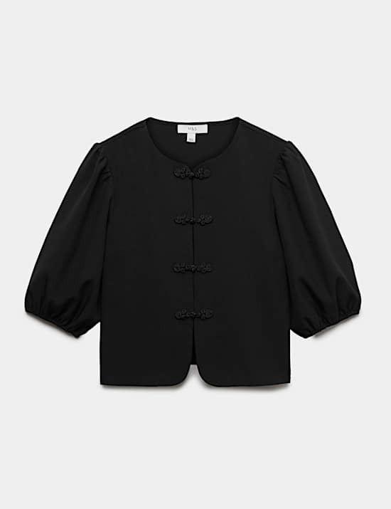 Knot Button Detail Puff Sleeve Top
