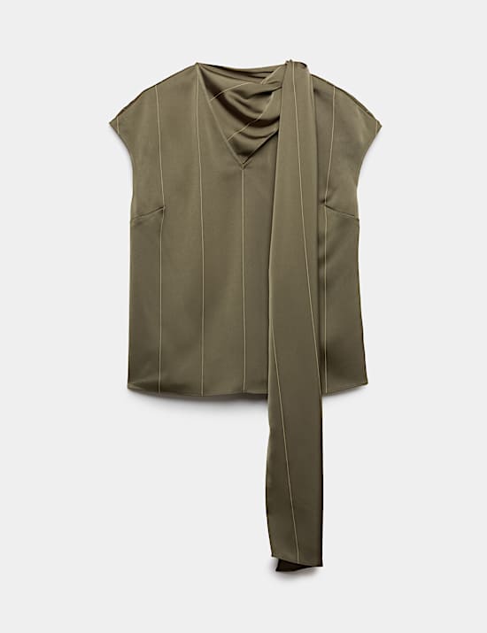 Satin Striped Cowl Neck Scarf Detail Top