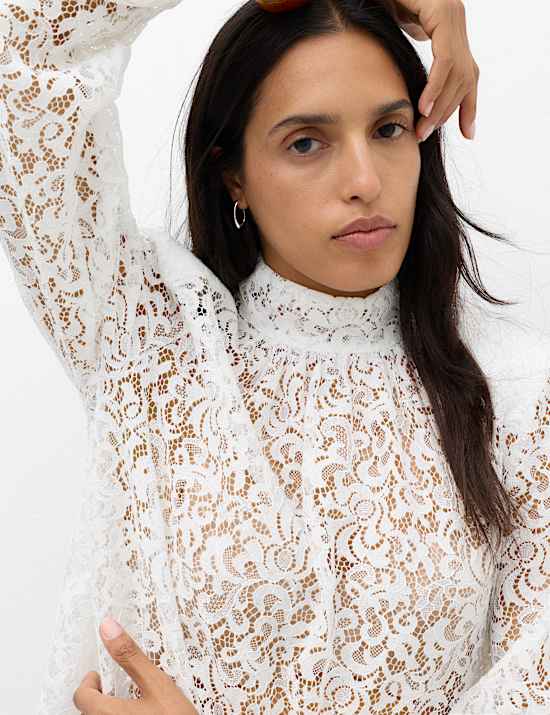 Lace High Neck Blouse with Cotton