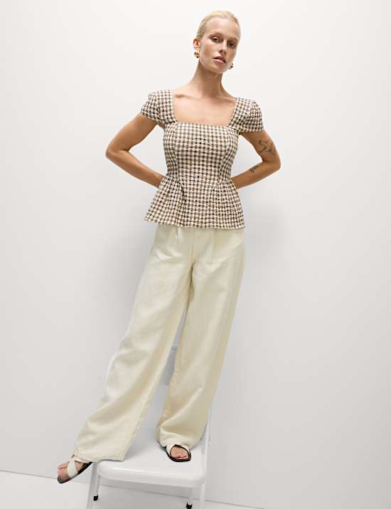 Cotton Rich Checked Cap Sleeve Peplum Top