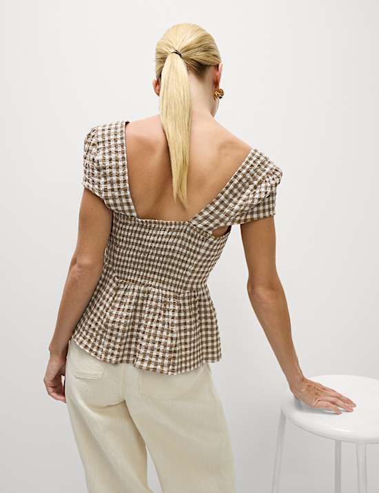 Cotton Rich Checked Cap Sleeve Peplum Top