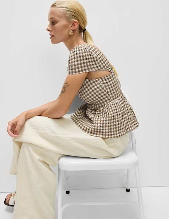 Cotton Rich Checked Cap Sleeve Peplum Top